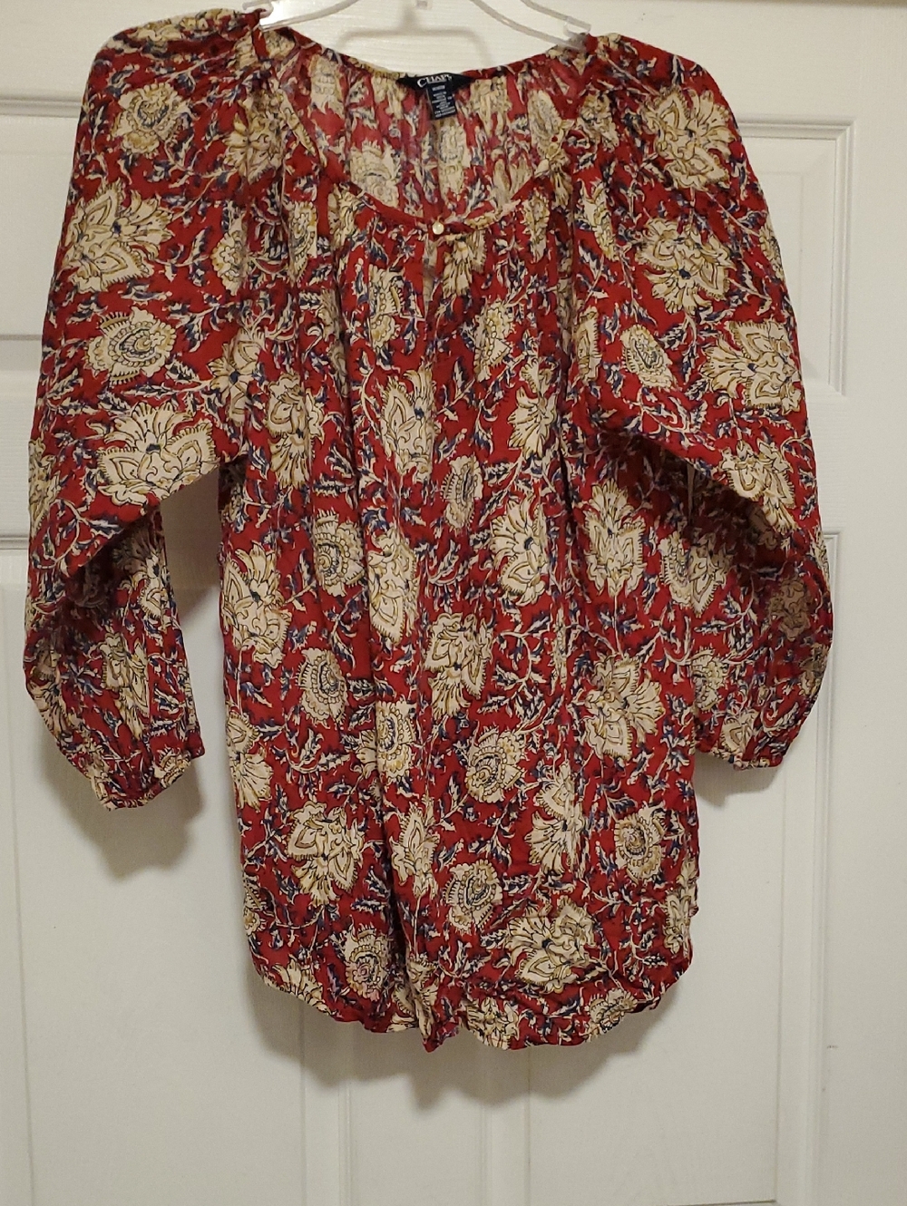 Chaps Red Floral Peasant Blouse with Cream Accents